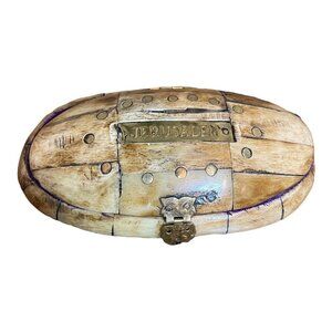 Vintage Camel Bone Trinket Box, Purple Velvet‎ Lined, Brass Inlay, and Hinged 5”